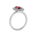 Side profile, white gold raspberry red ring, falling edge halo gallery.