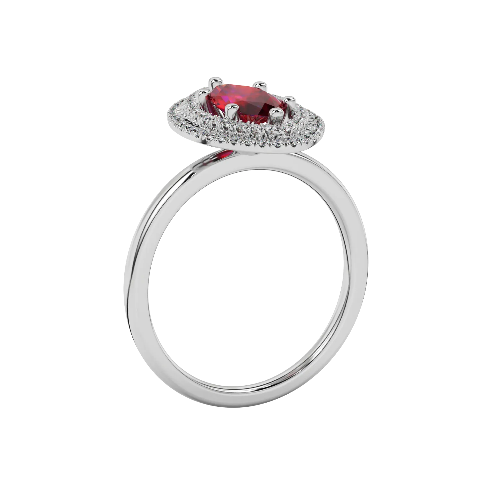 Side profile, white gold raspberry red ring, falling edge halo gallery.