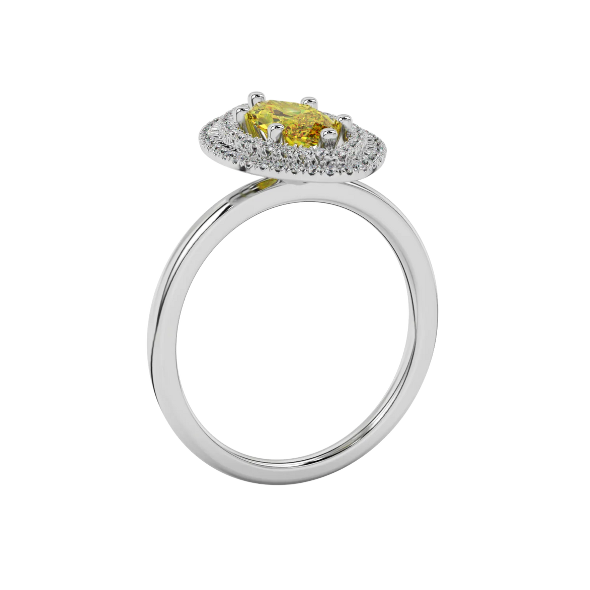 Side profile, white gold canary yellow ring, falling edge halo gallery.