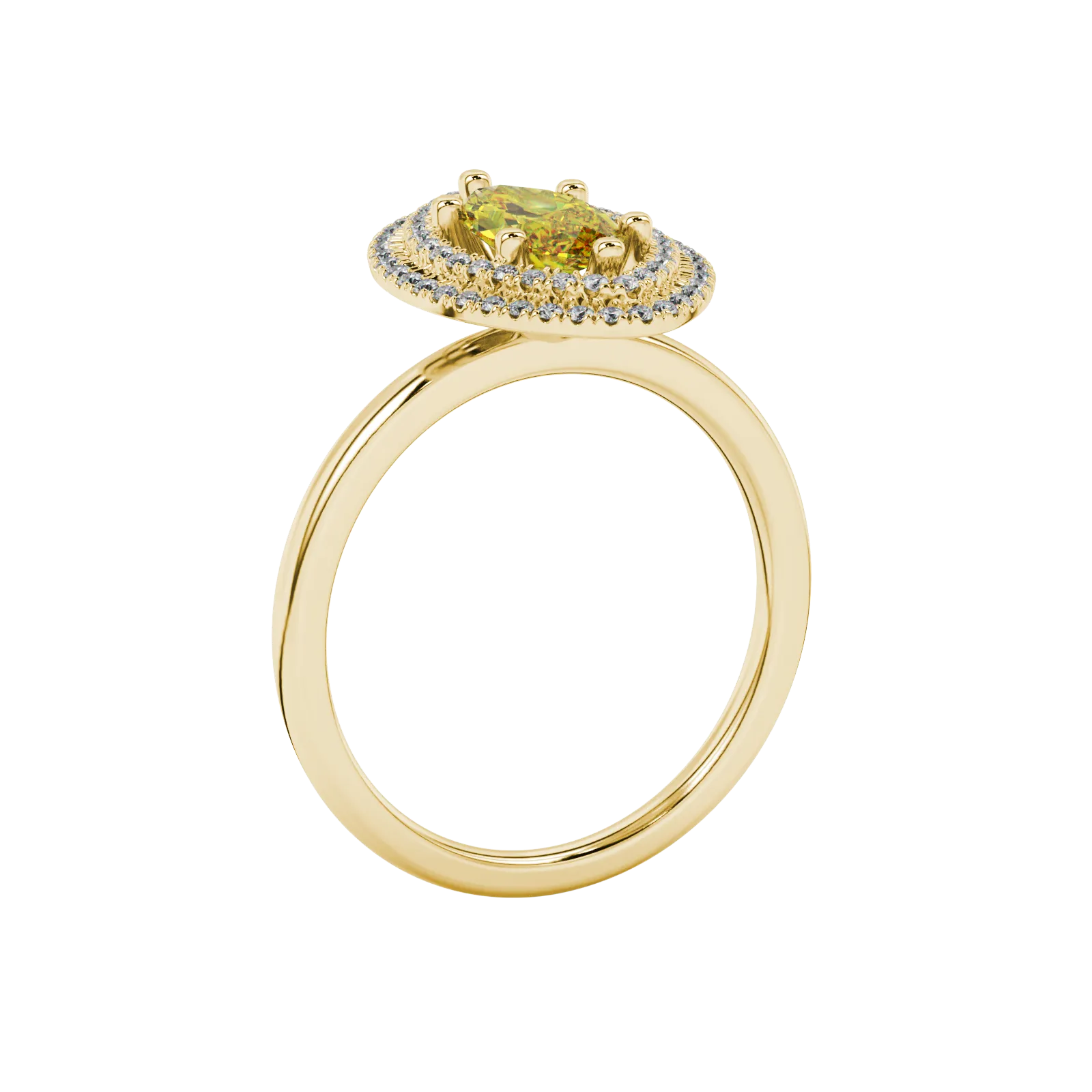 Side profile, yellow gold canary yellow ring, falling edge halo gallery.
