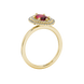 Side profile, yellow gold raspberry red ring, falling edge halo gallery.