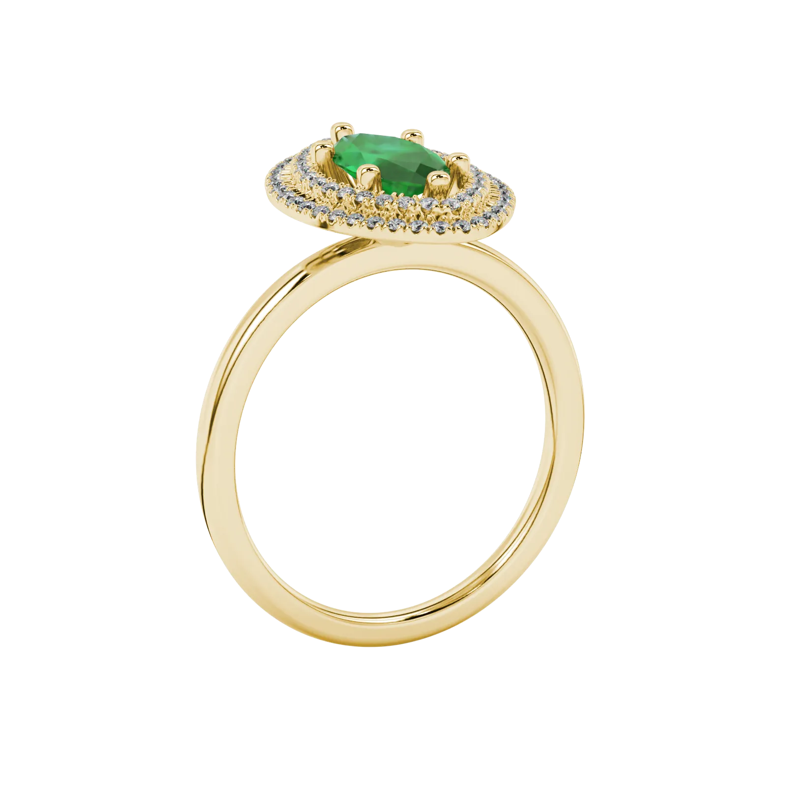 Side profile, yellow gold emerald green ring, falling edge halo gallery.