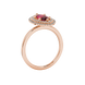 Side profile, rose gold raspberry red ring, falling edge halo gallery.