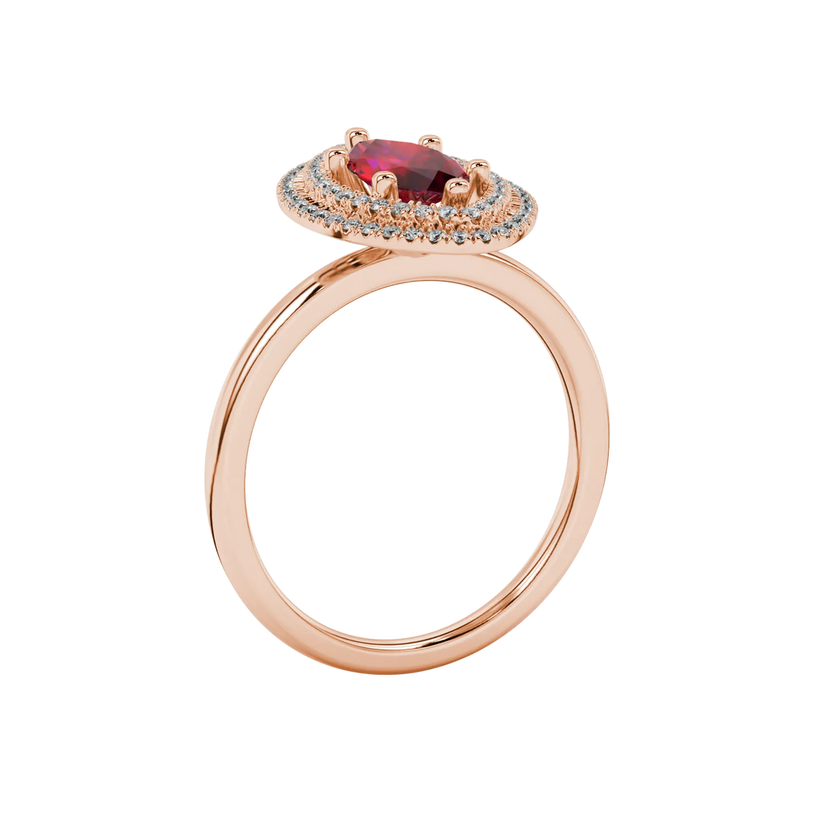 Side profile, rose gold raspberry red ring, falling edge halo gallery.