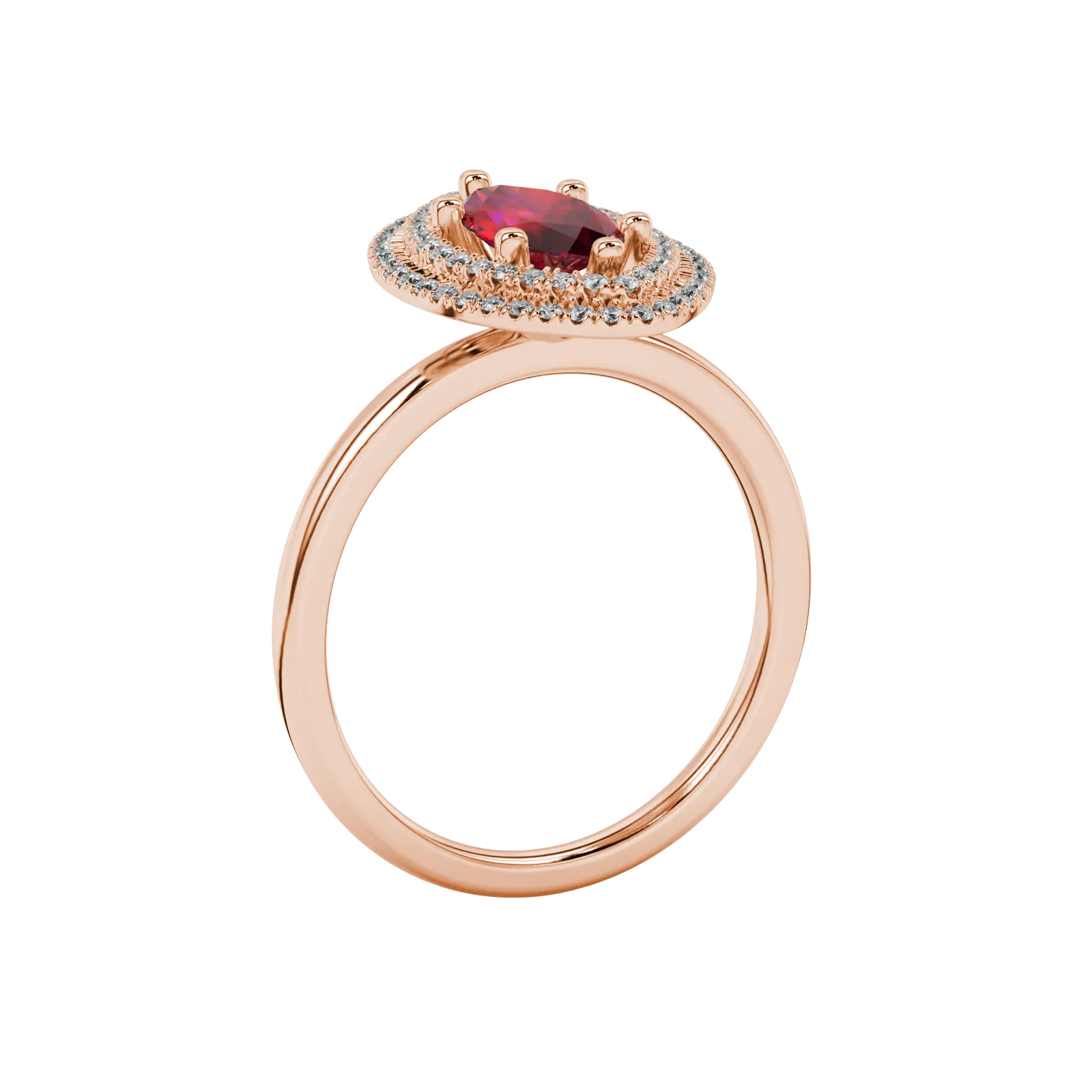 Side profile, rose gold raspberry red ring, falling edge halo gallery.