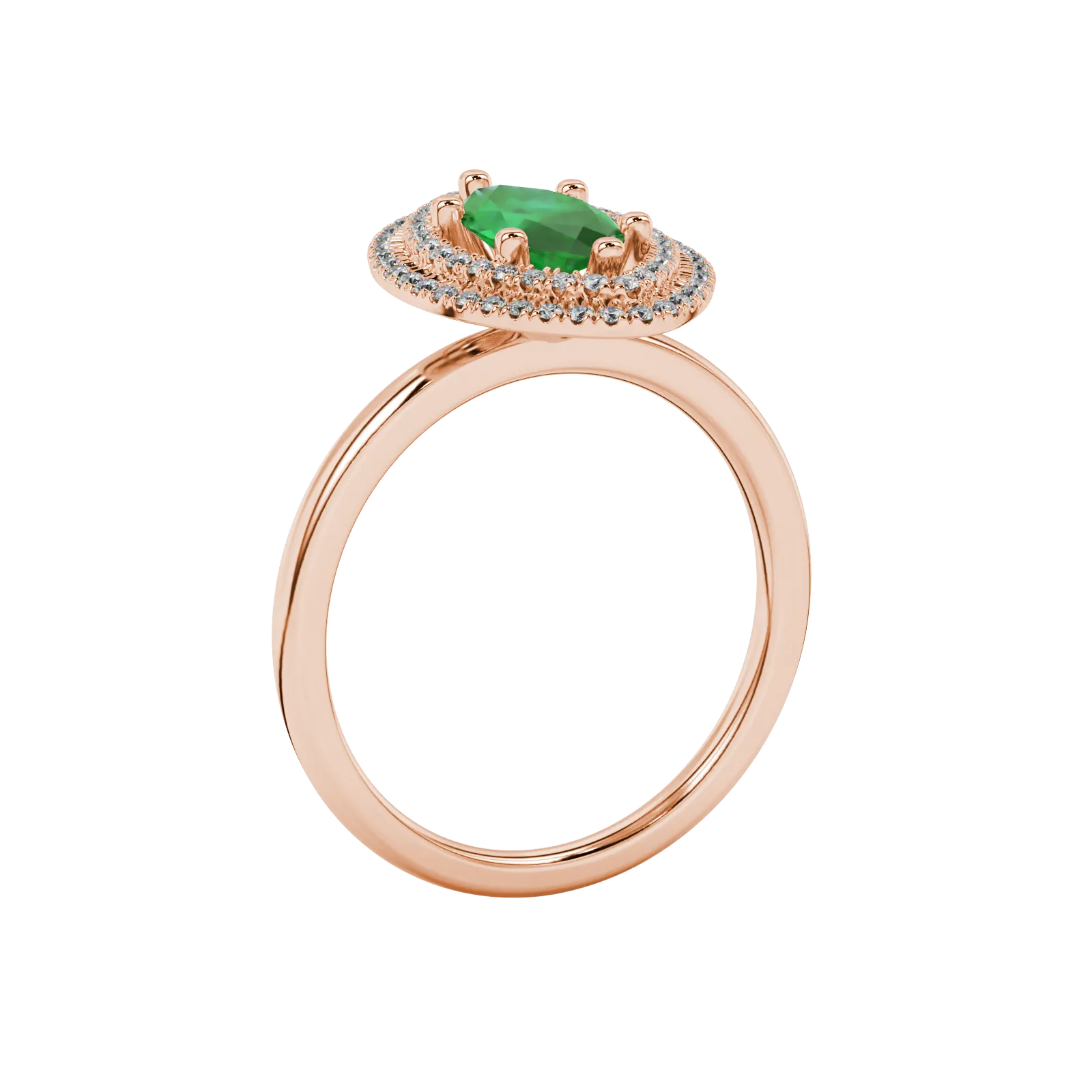 Side profile, rose gold emerald green ring, falling edge halo gallery.