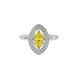 Close-up marquise cut canary yellow gemstone ring, white gold falling edge halo.
