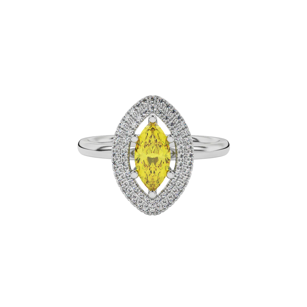 Close-up marquise cut canary yellow gemstone ring, white gold falling edge halo.