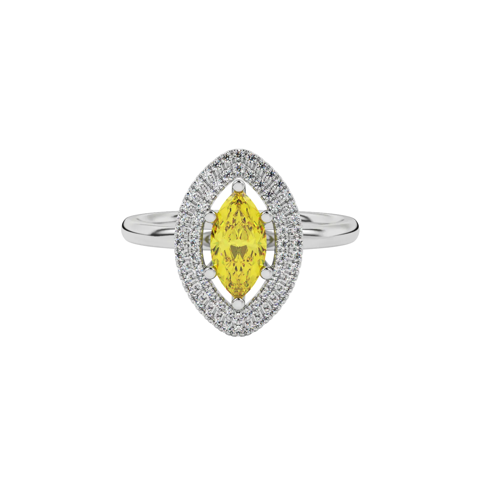 Close-up marquise cut canary yellow gemstone ring, white gold falling edge halo.