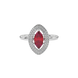 Close-up marquise cut raspberry red gemstone ring, white gold falling edge halo