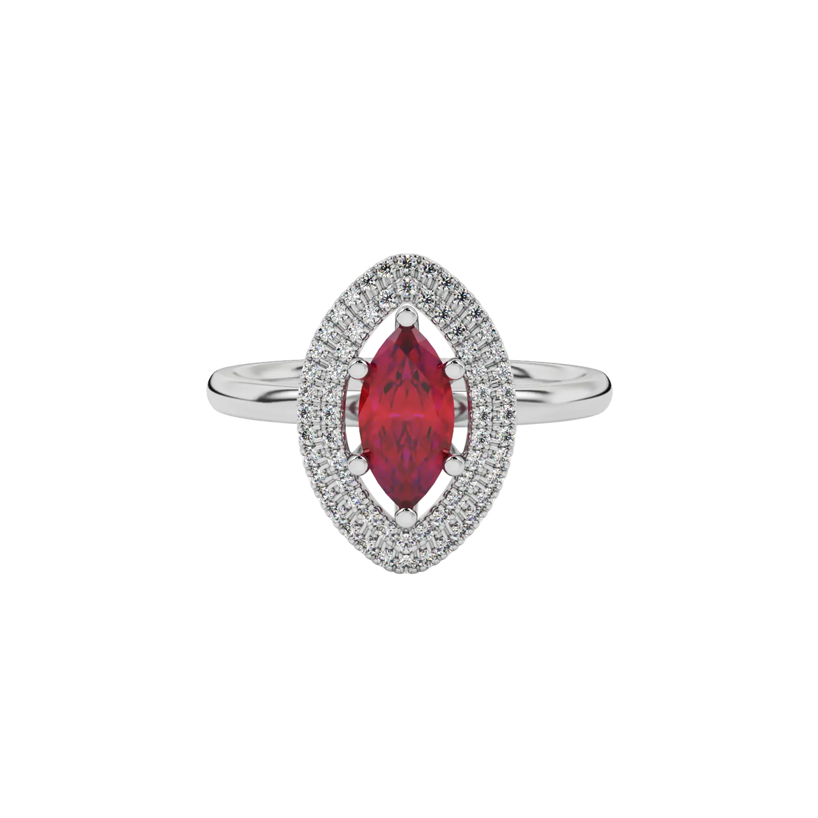 Close-up marquise cut raspberry red gemstone ring, white gold falling edge halo