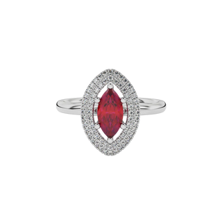 Close-up marquise cut raspberry red gemstone ring, white gold falling edge halo