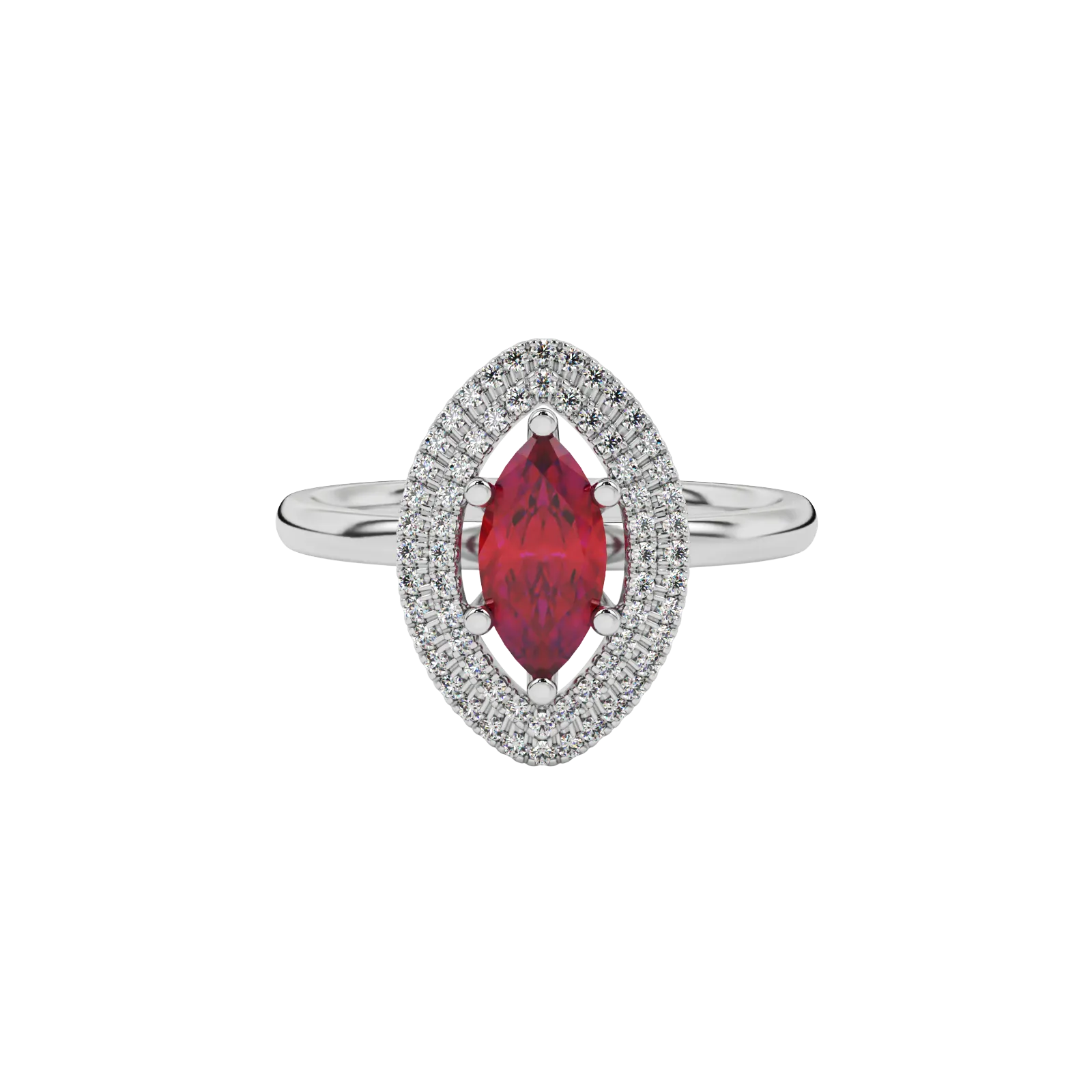Close-up marquise cut raspberry red gemstone ring, white gold falling edge halo