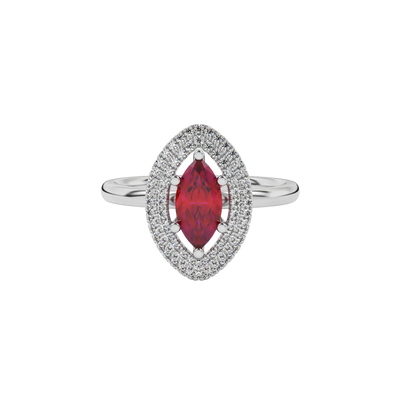 Close-up marquise cut raspberry red gemstone ring, white gold falling edge halo