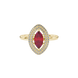Close-up, marquise cut raspberry red gemstone, yellow gold falling edge halo ring.