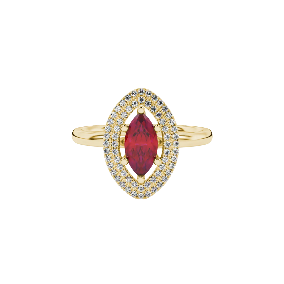 Close-up, marquise cut raspberry red gemstone, yellow gold falling edge halo ring.