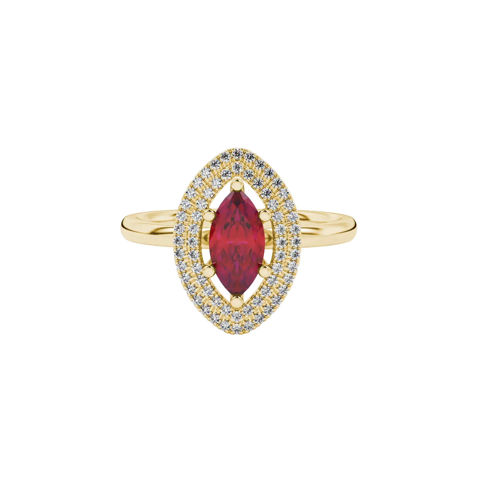 Close-up, marquise cut raspberry red gemstone, yellow gold falling edge halo ring.