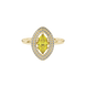 Close-up, marquise cut canary yellow gemstone, yellow gold falling edge halo ring.