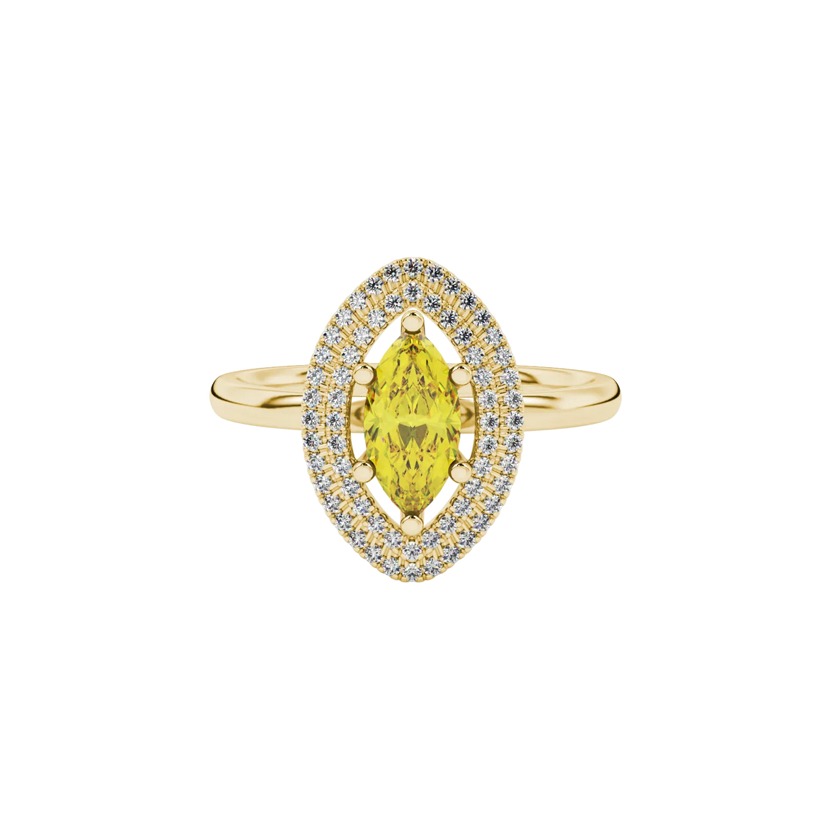 Close-up, marquise cut canary yellow gemstone, yellow gold falling edge halo ring.