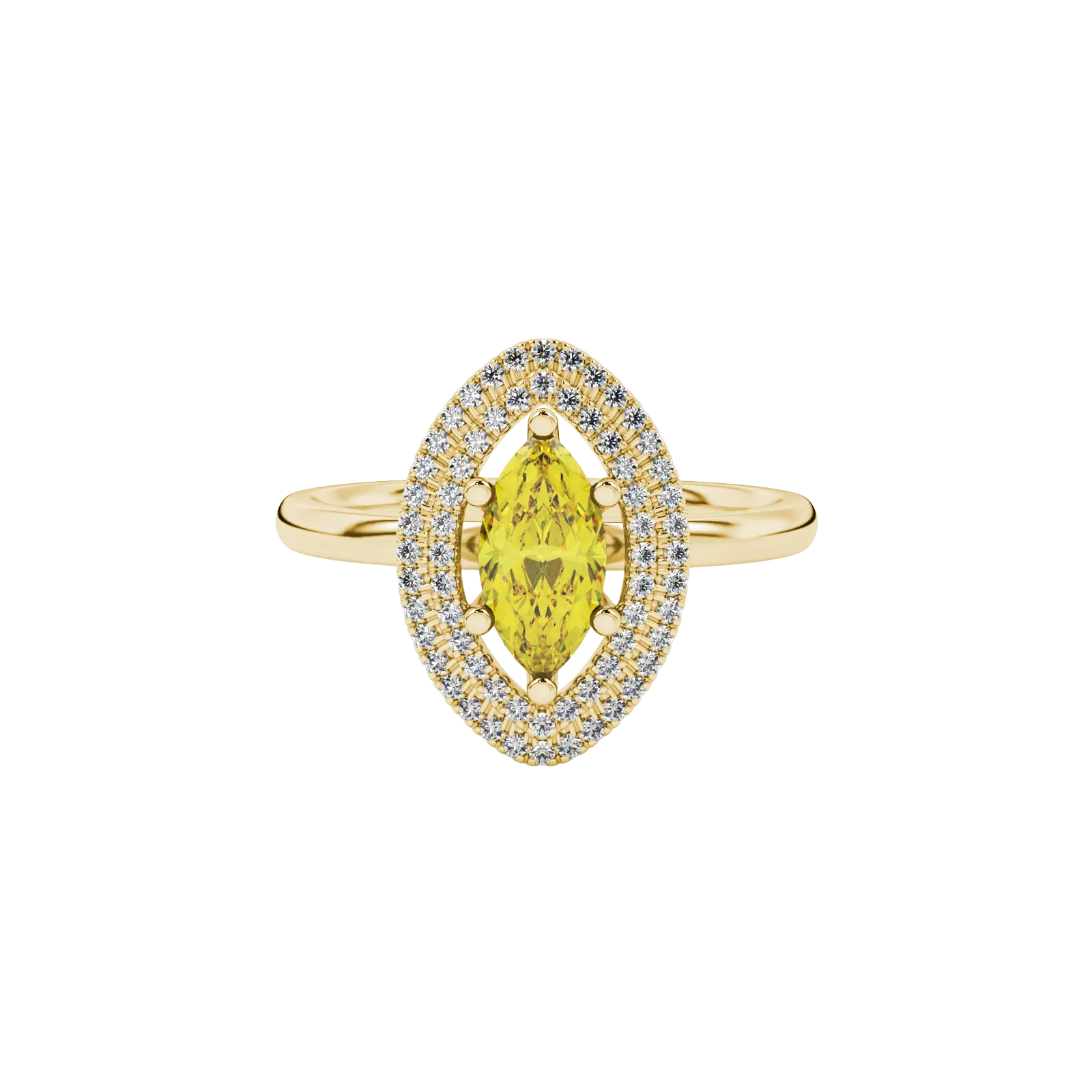 Close-up, marquise cut canary yellow gemstone, yellow gold falling edge halo ring.