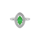 Close-up marquise cut emerald green gemstone ring, white gold falling edge halo.