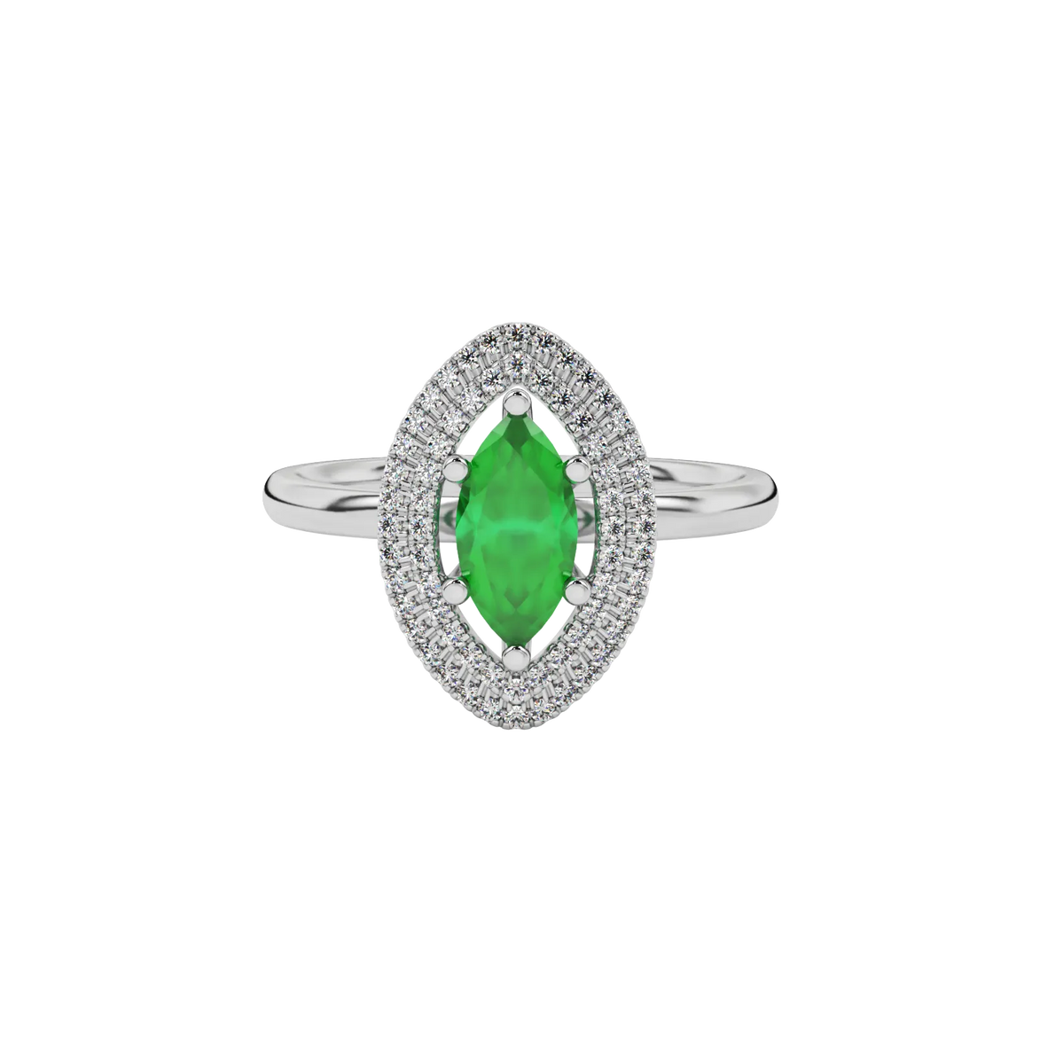 Close-up marquise cut emerald green gemstone ring, white gold falling edge halo.
