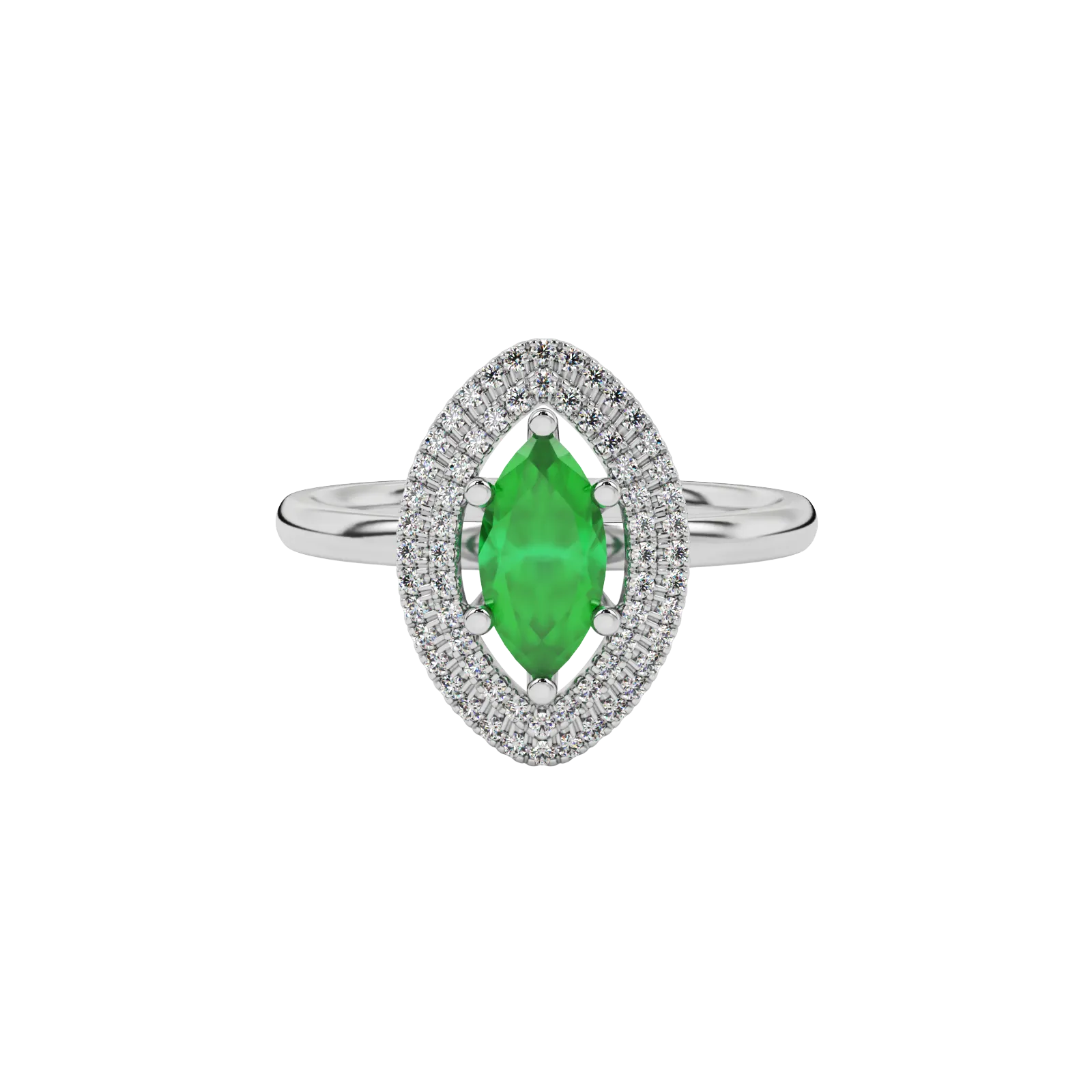 Close-up marquise cut emerald green gemstone ring, white gold falling edge halo.