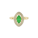 Close-up, marquise cut emerald green gemstone, yellow gold falling edge halo ring.