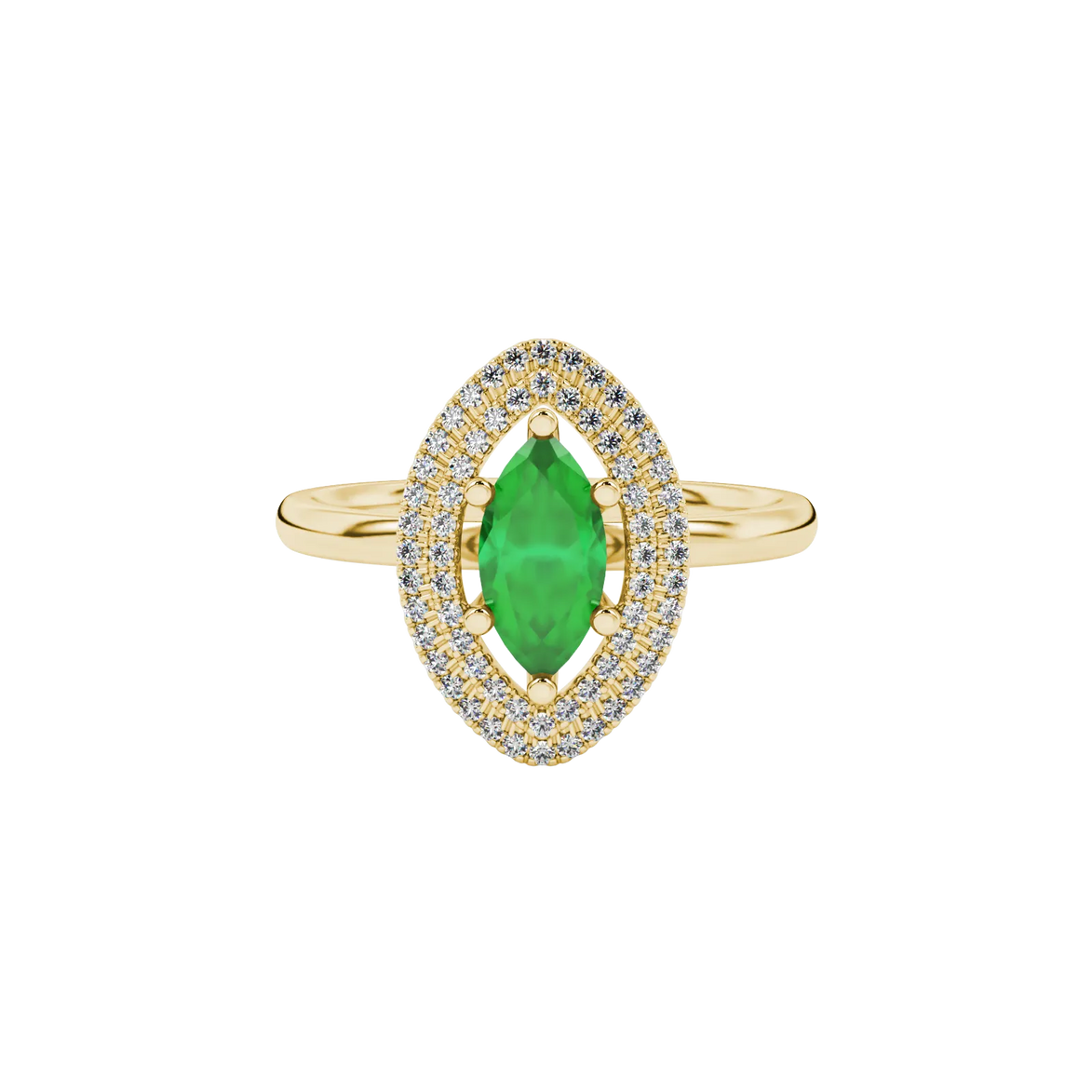 Close-up, marquise cut emerald green gemstone, yellow gold falling edge halo ring.
