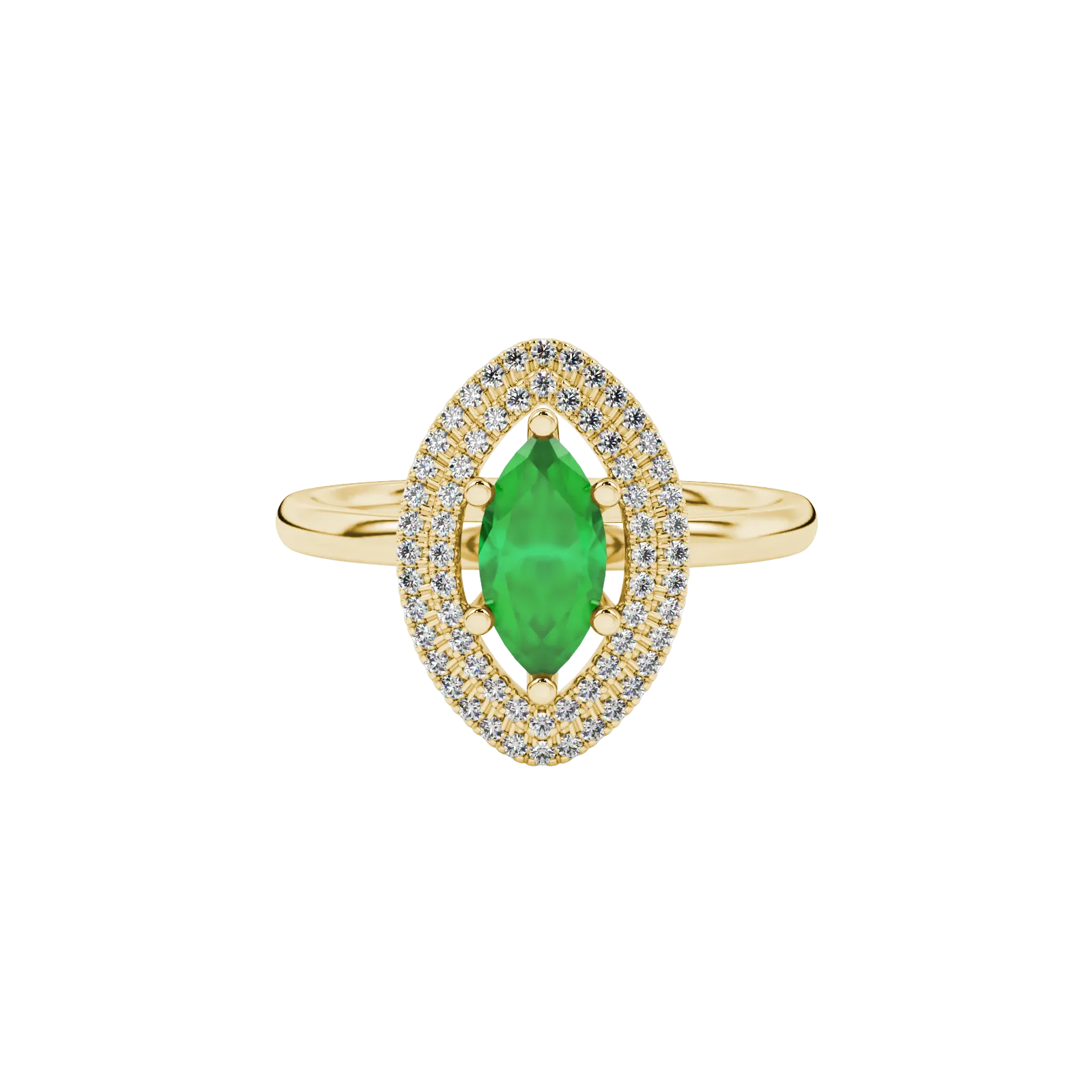 Close-up, marquise cut emerald green gemstone, yellow gold falling edge halo ring.