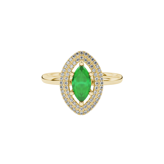 Close-up, marquise cut emerald green gemstone, yellow gold falling edge halo ring.