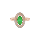 Close-up, marquise cut emerald green gemstone ring, rose gold falling edge halo