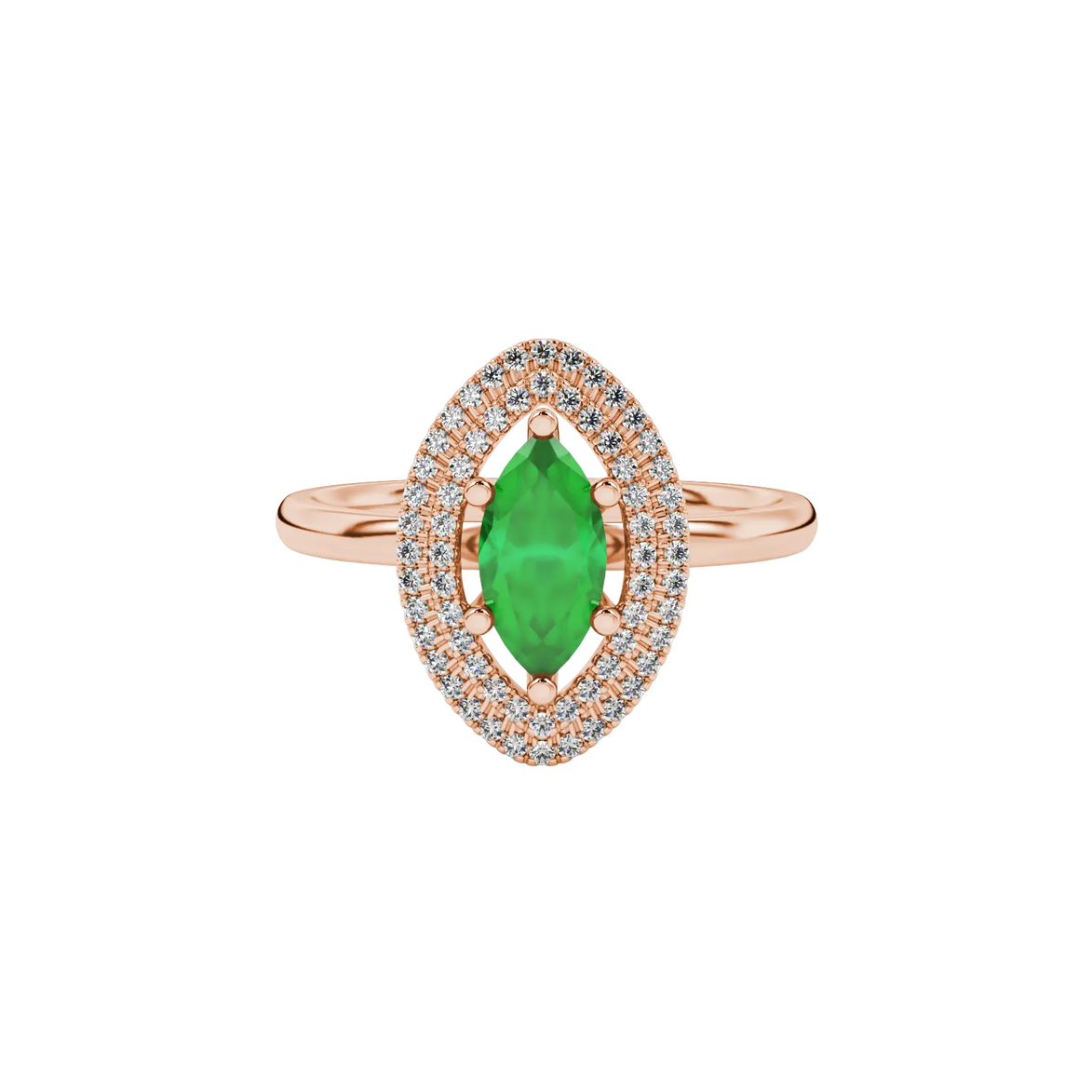 Close-up, marquise cut emerald green gemstone ring, rose gold falling edge halo