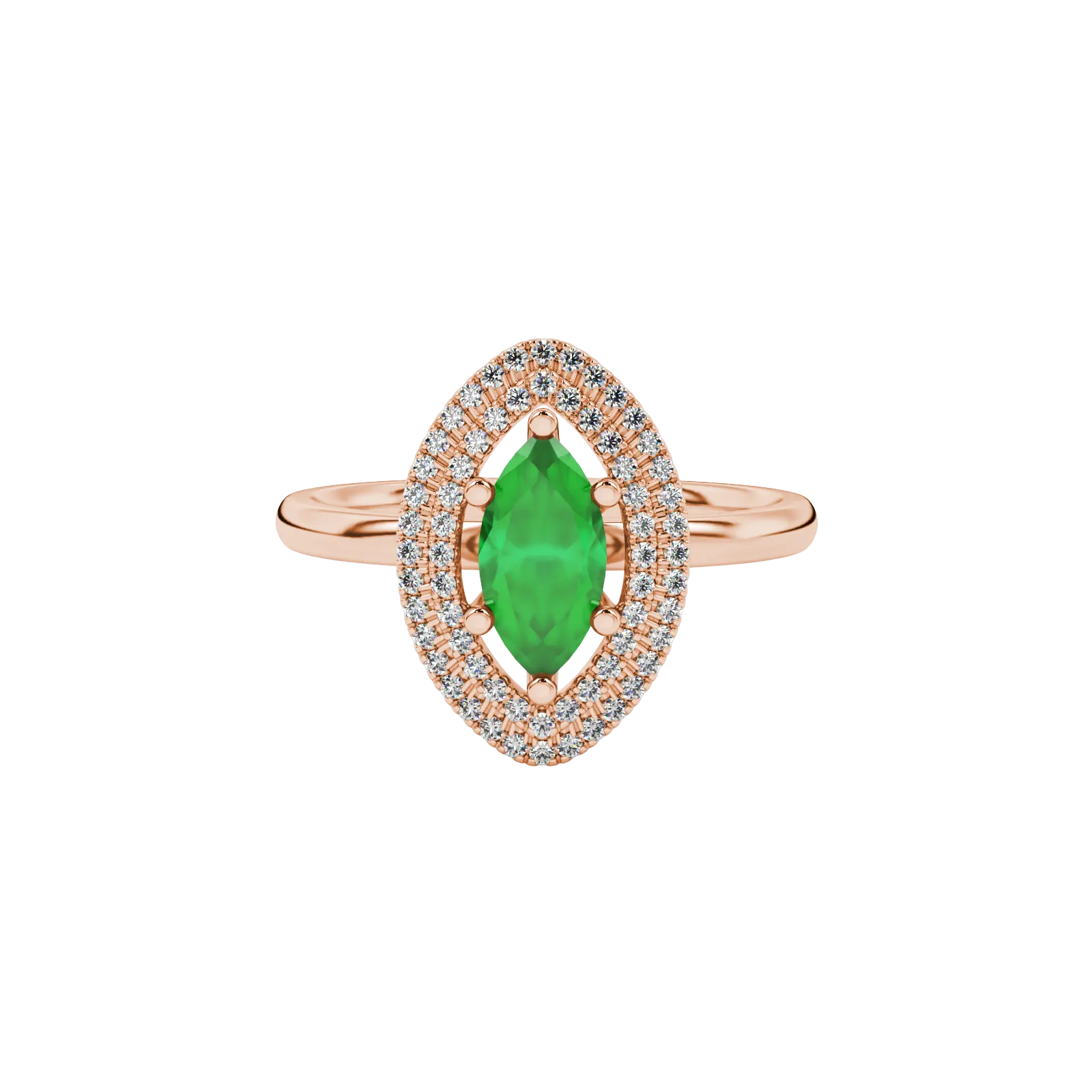Close-up, marquise cut emerald green gemstone ring, rose gold falling edge halo