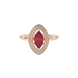 Close-up, marquise cut raspberry red gemstone ring, rose gold falling edge halo.