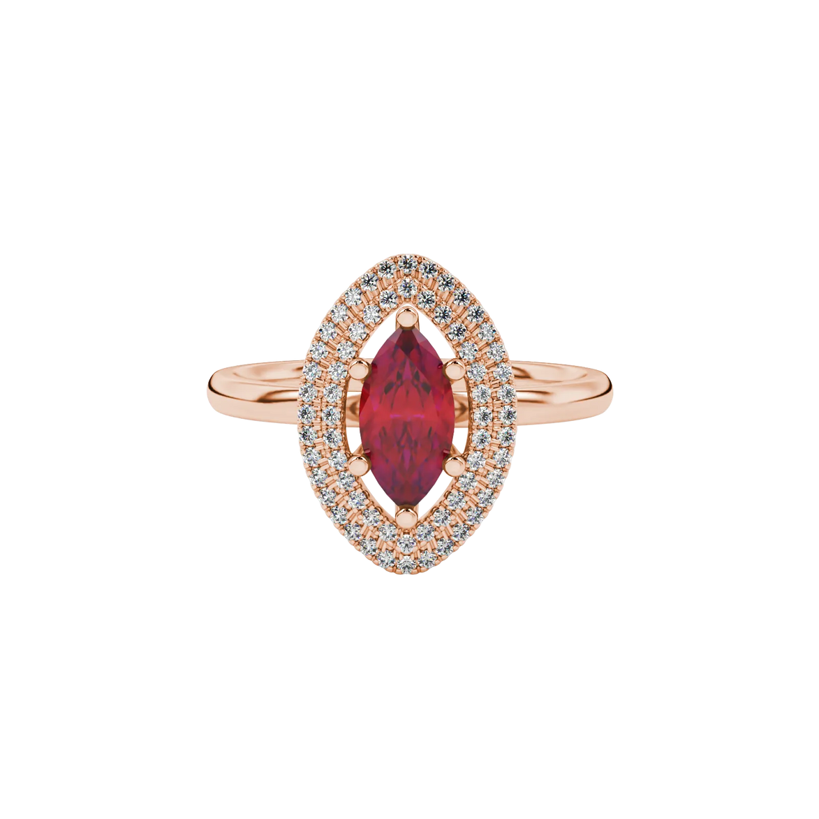 Close-up, marquise cut raspberry red gemstone ring, rose gold falling edge halo.