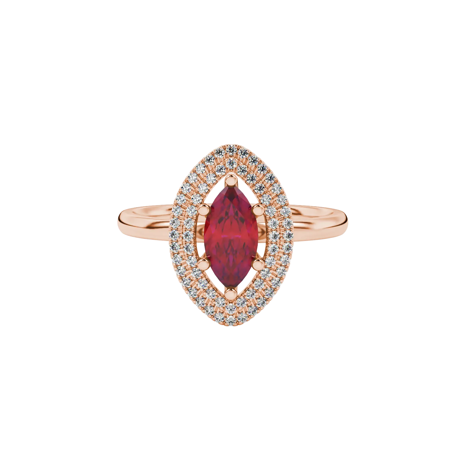 Close-up, marquise cut raspberry red gemstone ring, rose gold falling edge halo.