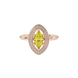 Close-up, marquise cut canary yellow gemstone ring, rose gold falling edge halo.