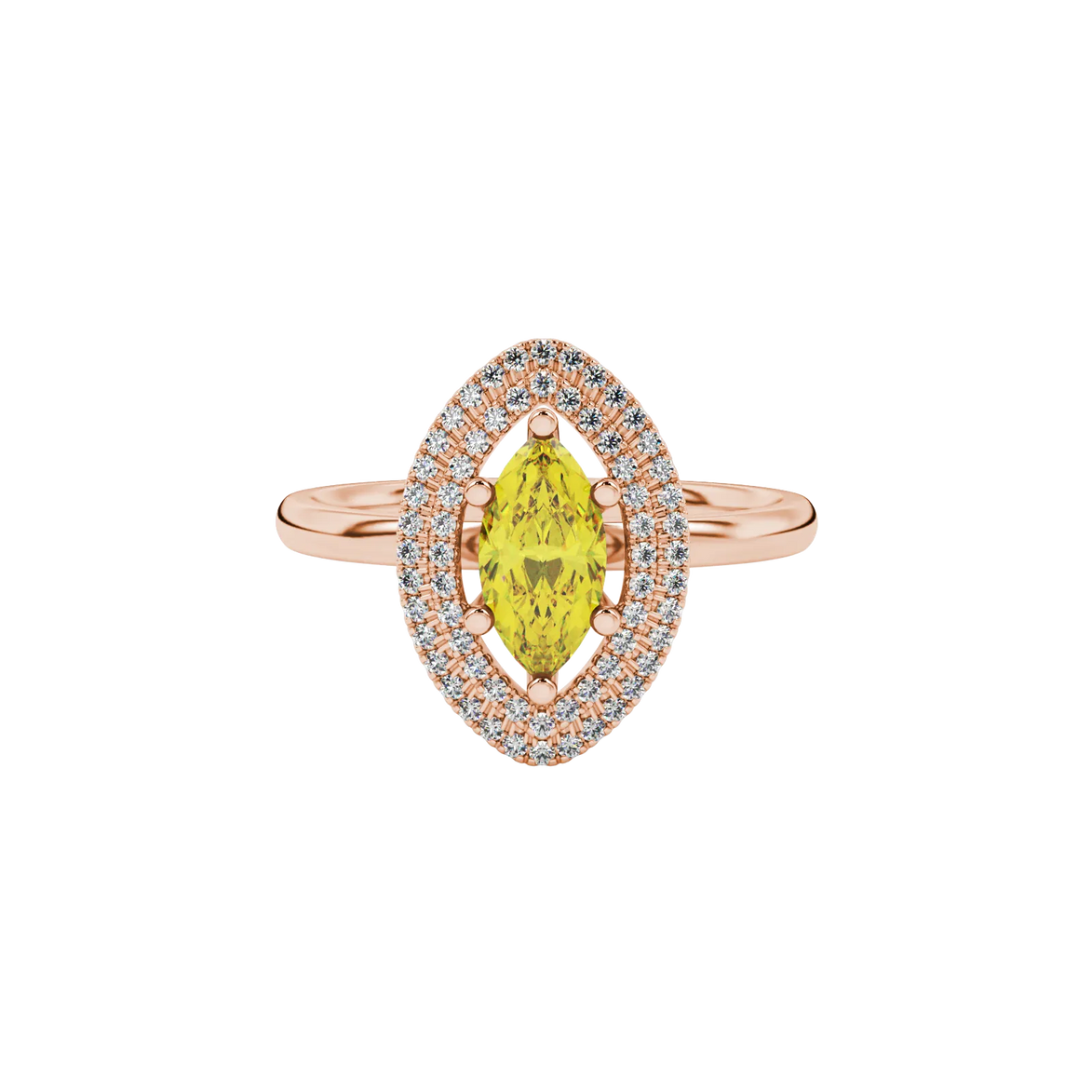 Close-up, marquise cut canary yellow gemstone ring, rose gold falling edge halo.