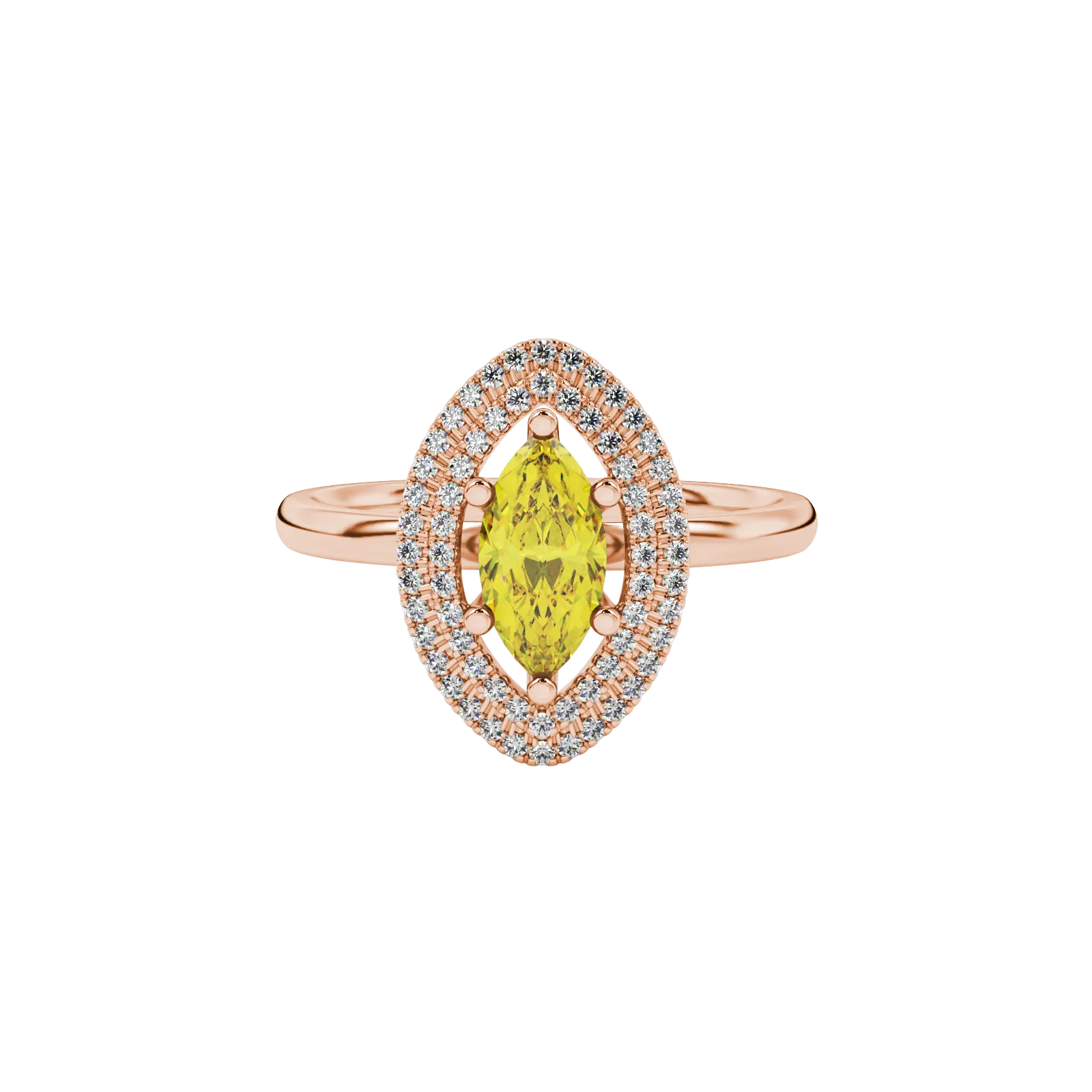 Close-up, marquise cut canary yellow gemstone ring, rose gold falling edge halo.