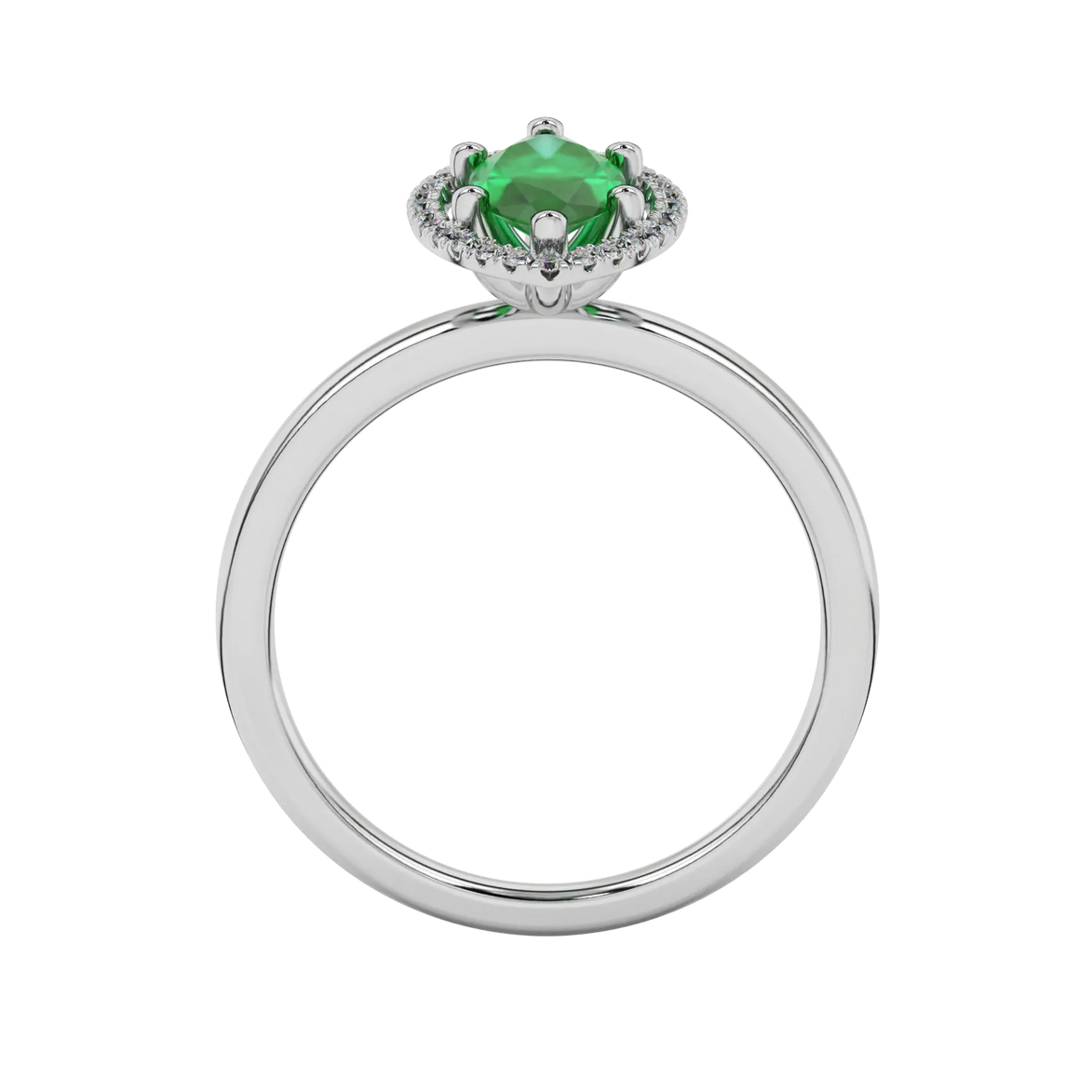 Marquise cut emerald green gemstone ring, white gold French pavé halo setting.
