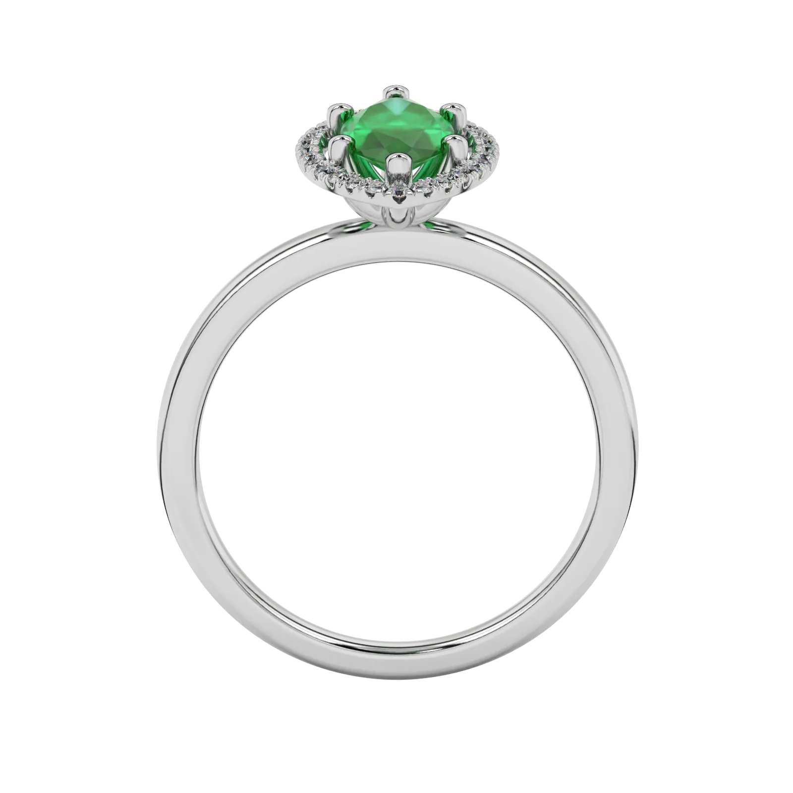 Marquise cut emerald green gemstone ring, white gold French pavé halo setting.