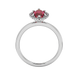Marquise cut raspberry red gemstone ring, white gold French pavé halo setting.