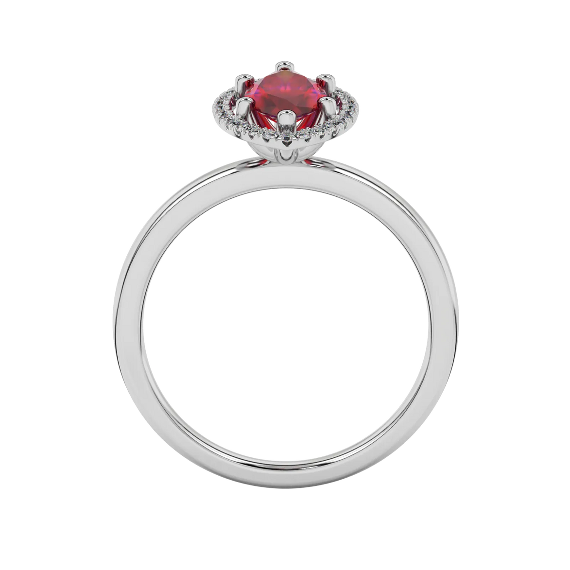 Marquise cut raspberry red gemstone ring, white gold French pavé halo setting.