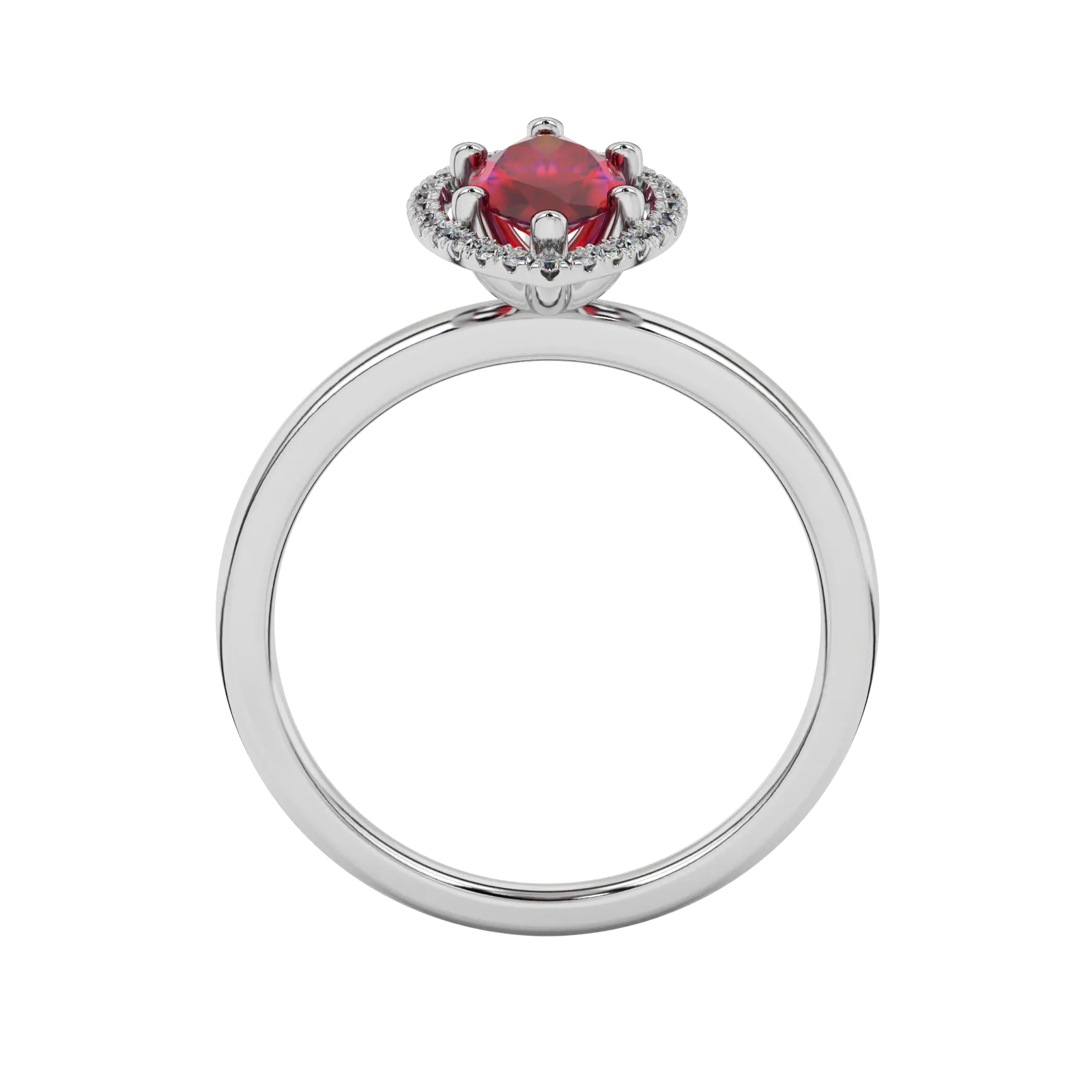 Marquise cut raspberry red gemstone ring, white gold French pavé halo setting.