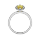 Marquise cut canary yellow gemstone ring, white gold French pavé halo setting.