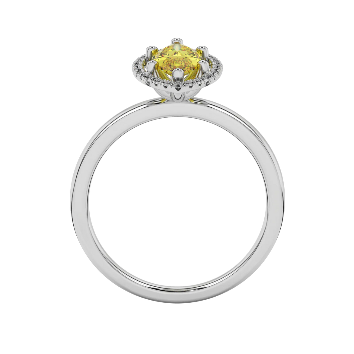 Marquise cut canary yellow gemstone ring, white gold French pavé halo setting.