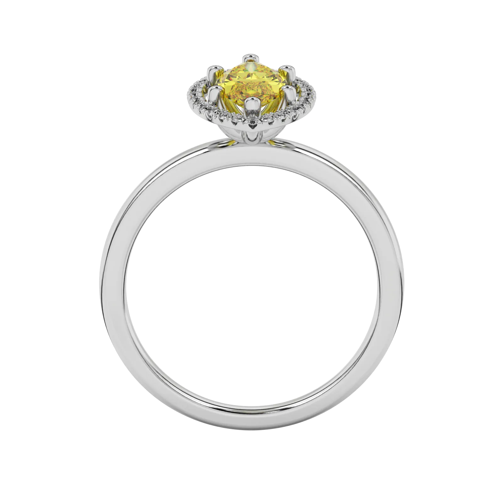 Marquise cut canary yellow gemstone ring, white gold French pavé halo setting.