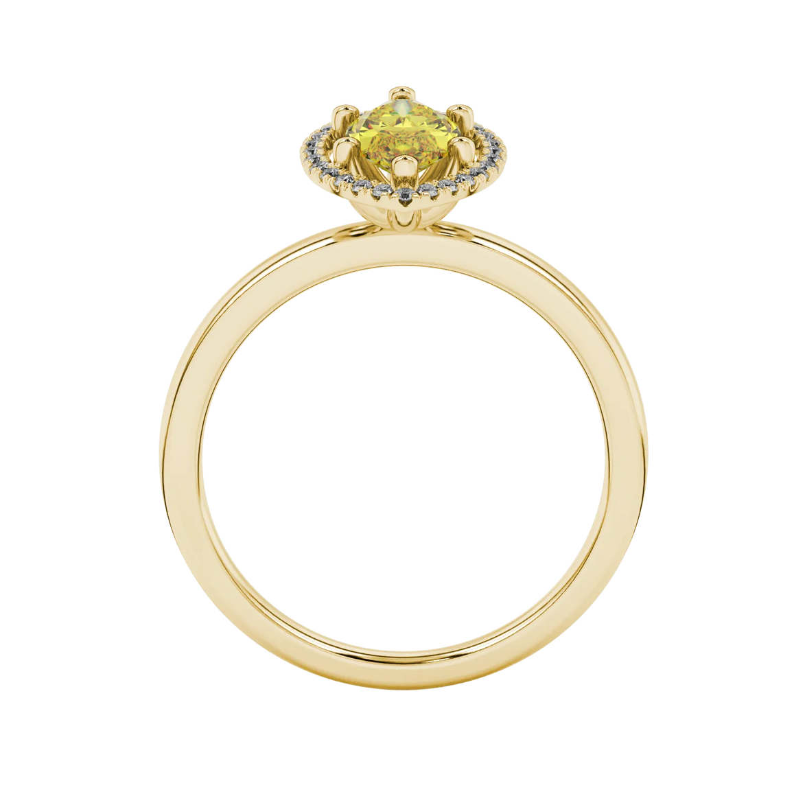 Marquise cut canary yellow gemstone ring, yellow gold French pavé halo setting.