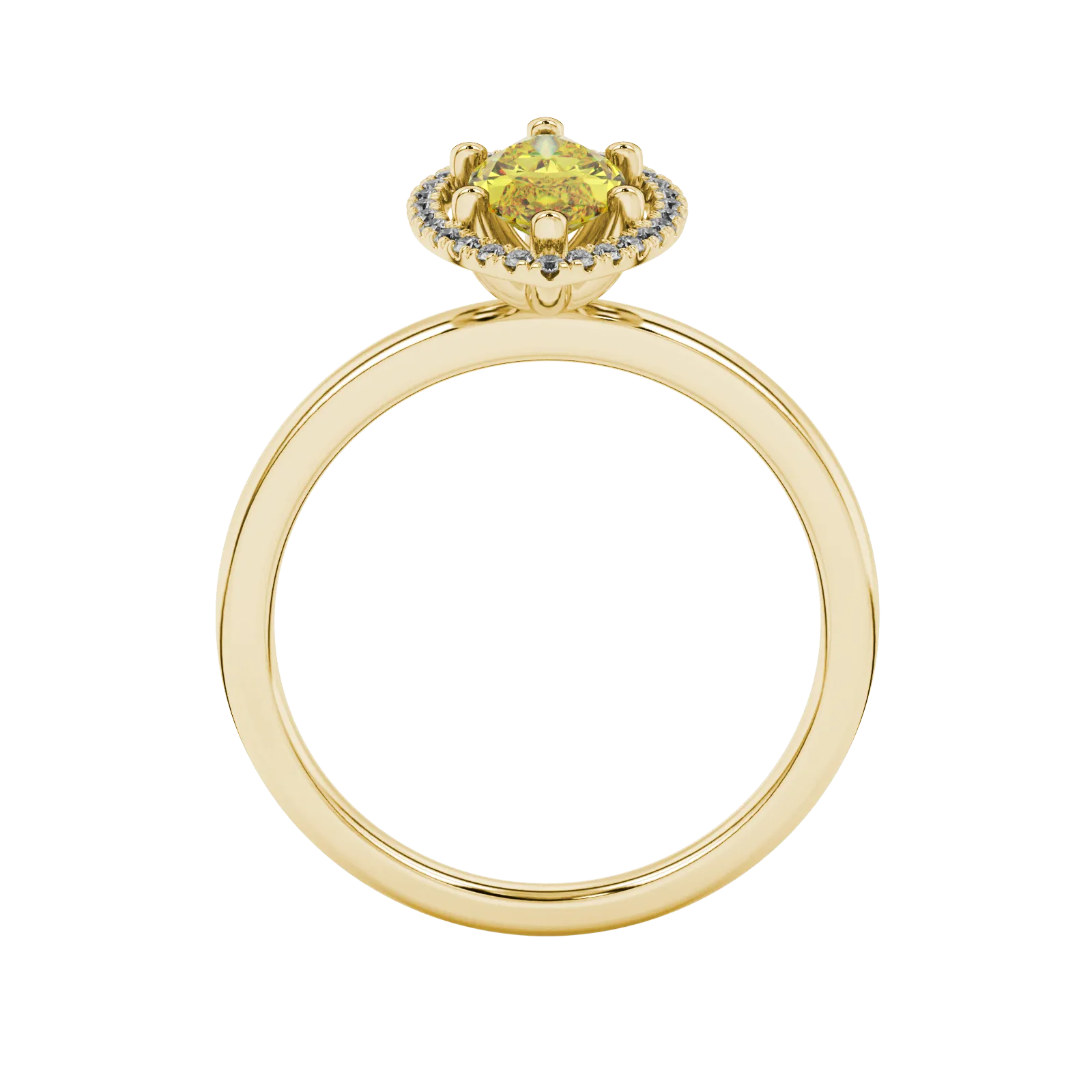Marquise cut canary yellow gemstone ring, yellow gold French pavé halo setting.